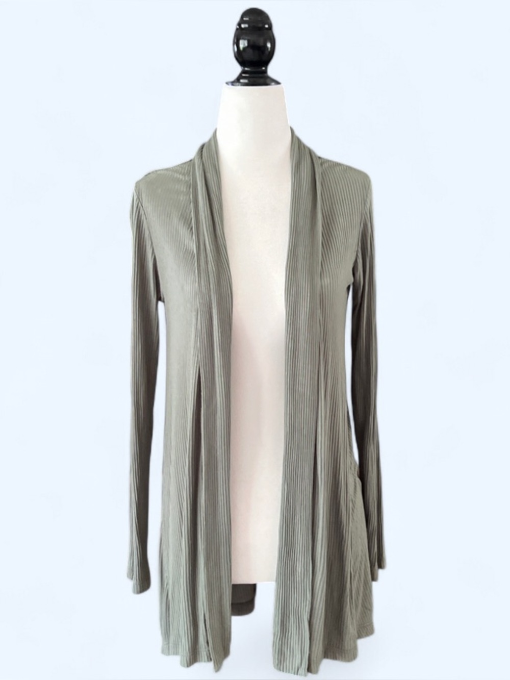 Minimalist Olive Green Long Cardigan Ribbed Open Front S